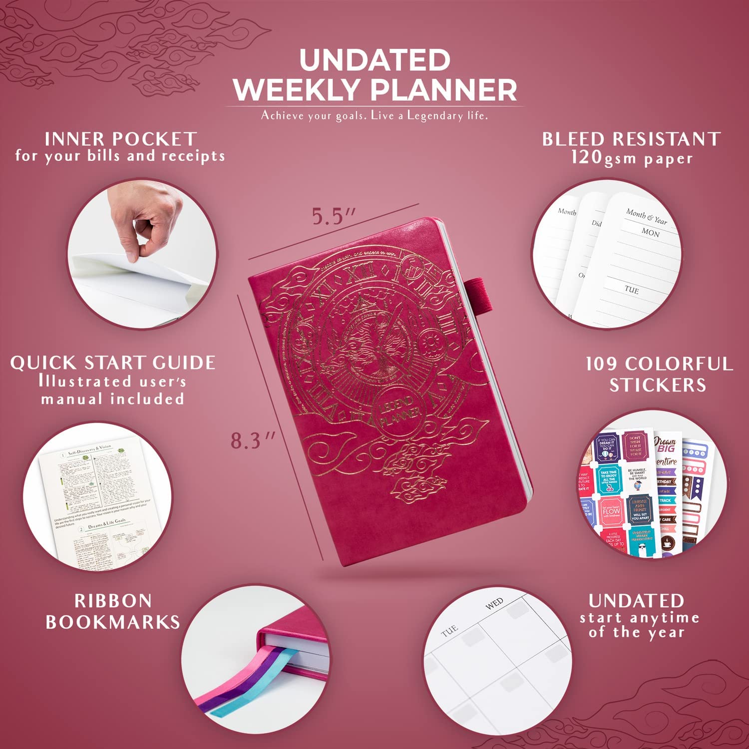 Legend Planner – Deluxe Weekly & Monthly Life Planner to Hit Your Goals & Live Happier. Organizer Notebook & Productivity Journal. A5 Hardcover, Undated – Start Any Time + Stickers – Hot Pink Gold - Image 2